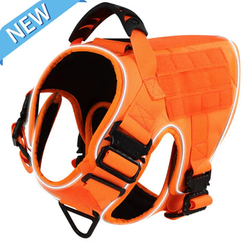 NEW Reflective Blaze Orange Team K9 No-Pull Tactical Dog Harness with 4 Metal Buckles, Reinforced Front V-Ring, & Reflective Strips